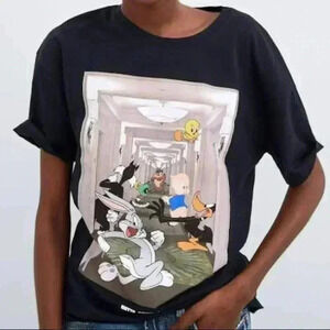 Zara Looney Tunes "Outta control" Black Women's Shirt Size Small Short Sleeve